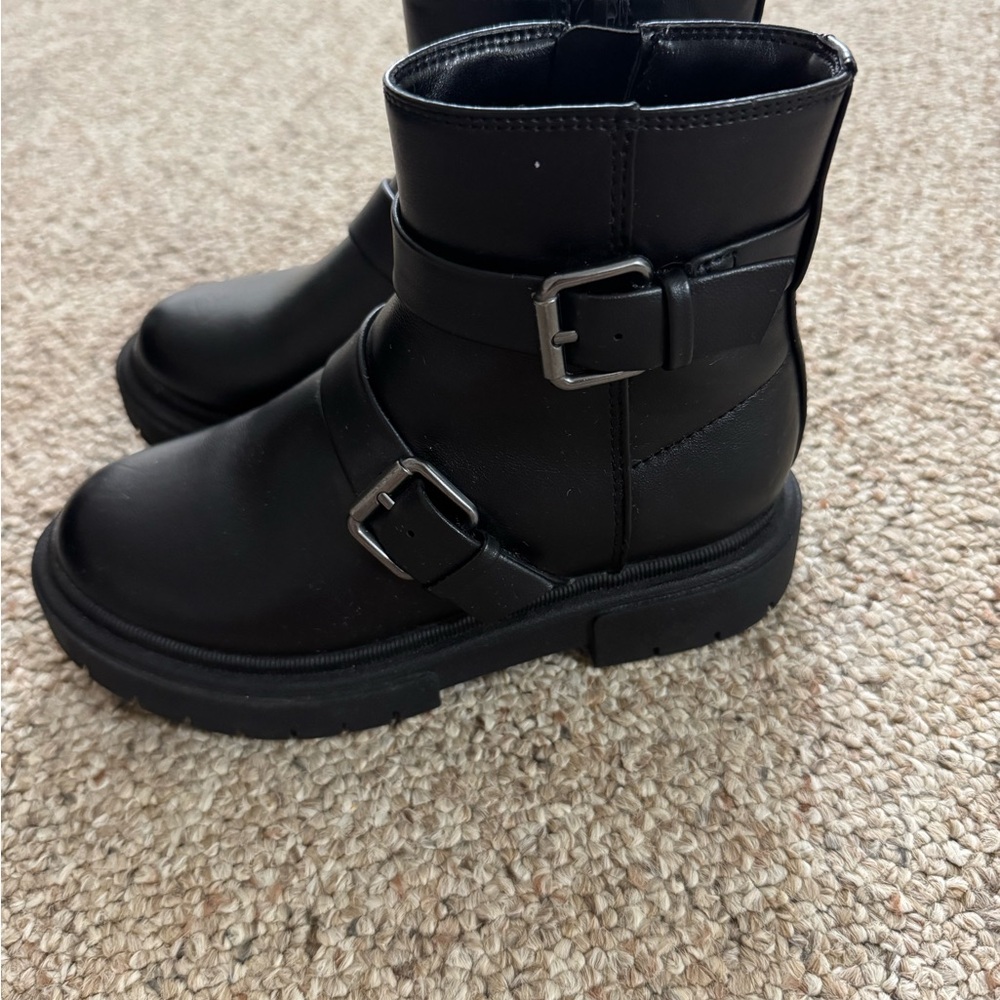 Kids Black Buckle combat moto Boots